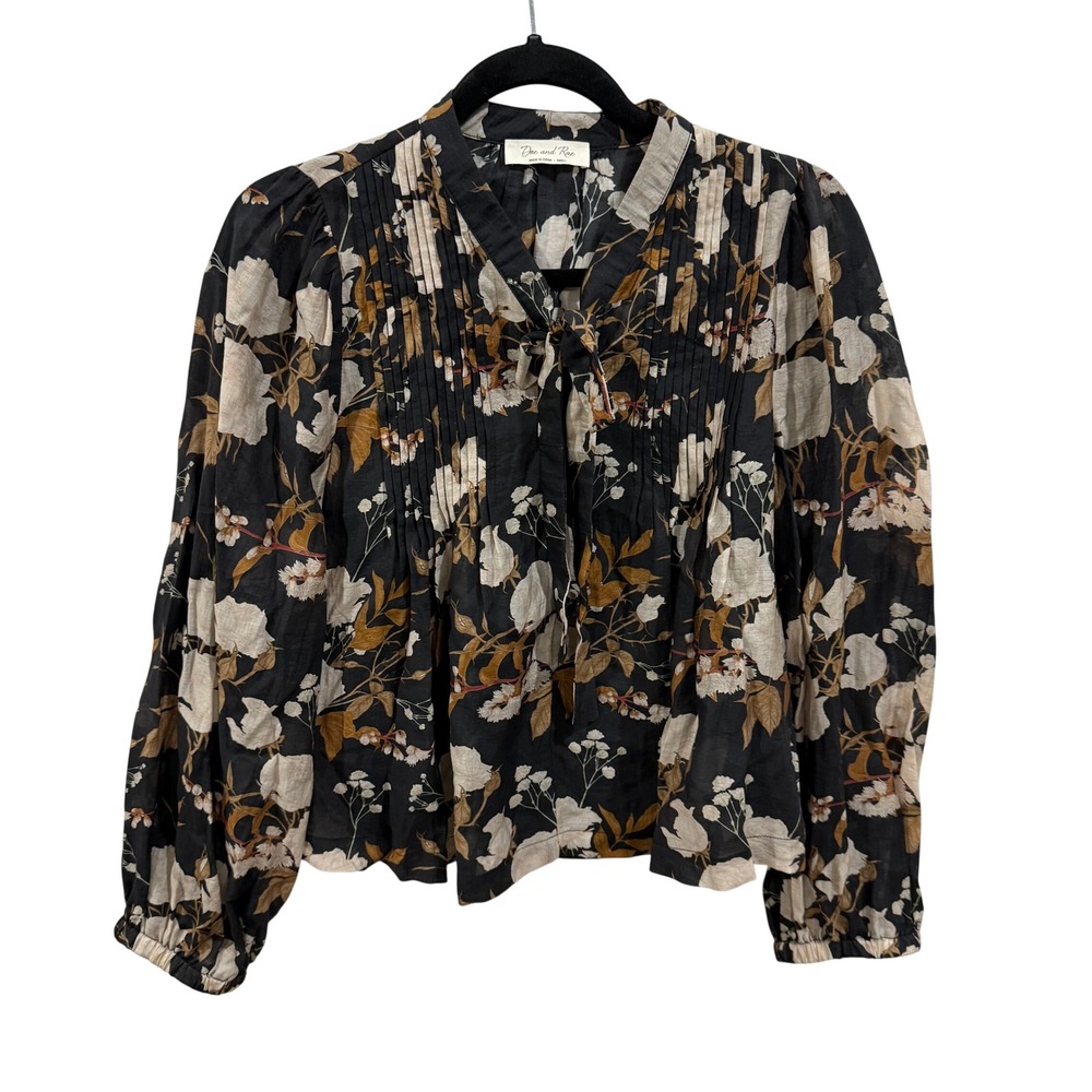 Doe and Rae Black Floral Pintuck Tie Neck Blouse Small Long Sleeve Cotton Boho